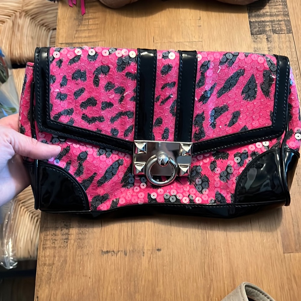 Betsey Johnson sequin leopard clutch bag with snap closure